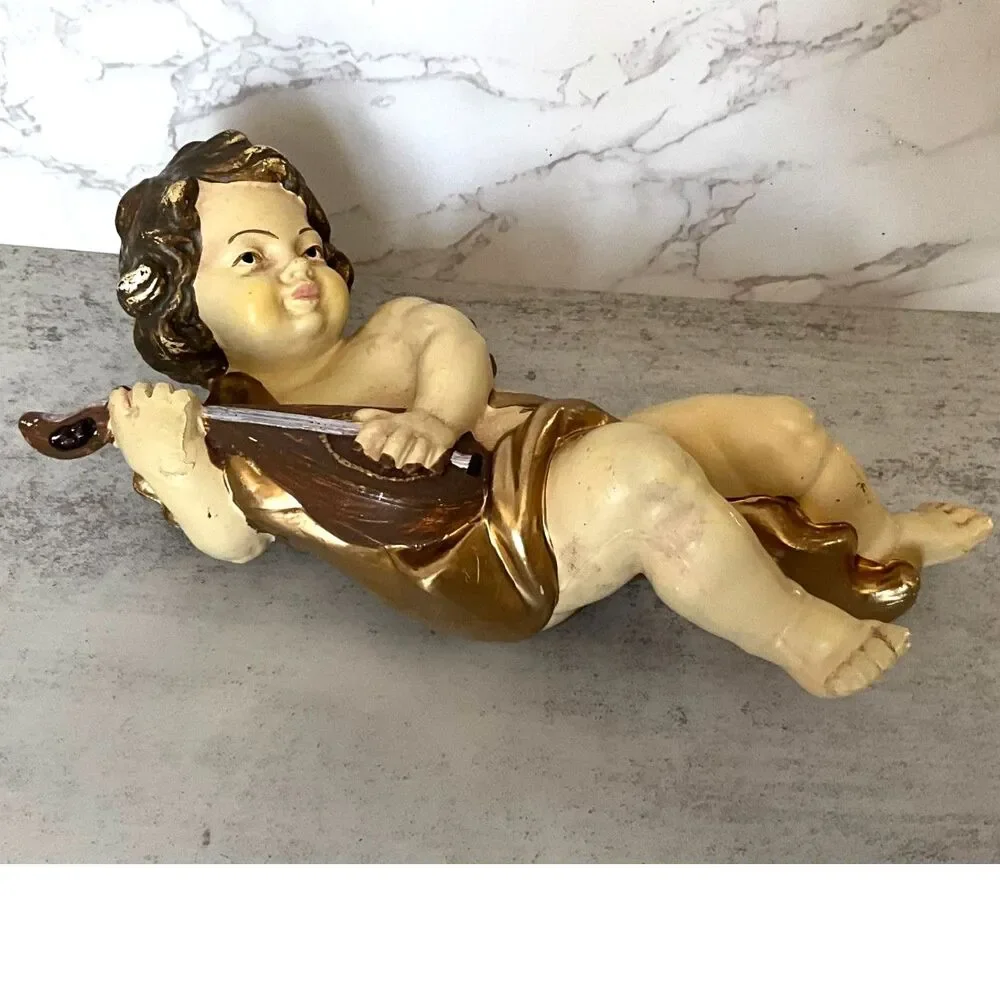 Gorgeous vintage cherub playing lute; cream and gold Paris Chic Hollywood Glam